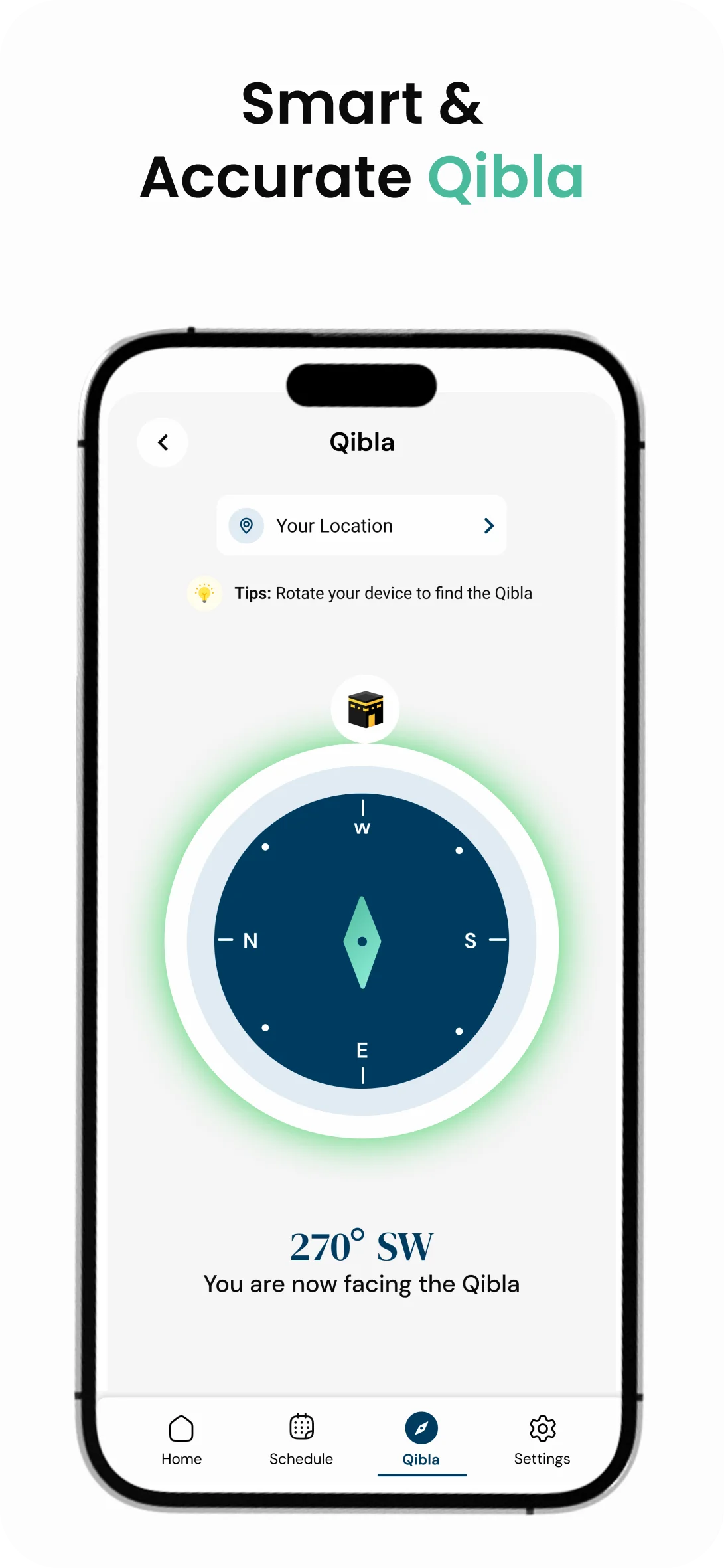 FiveSalah Qibla compass showing the direction to the Kaaba
