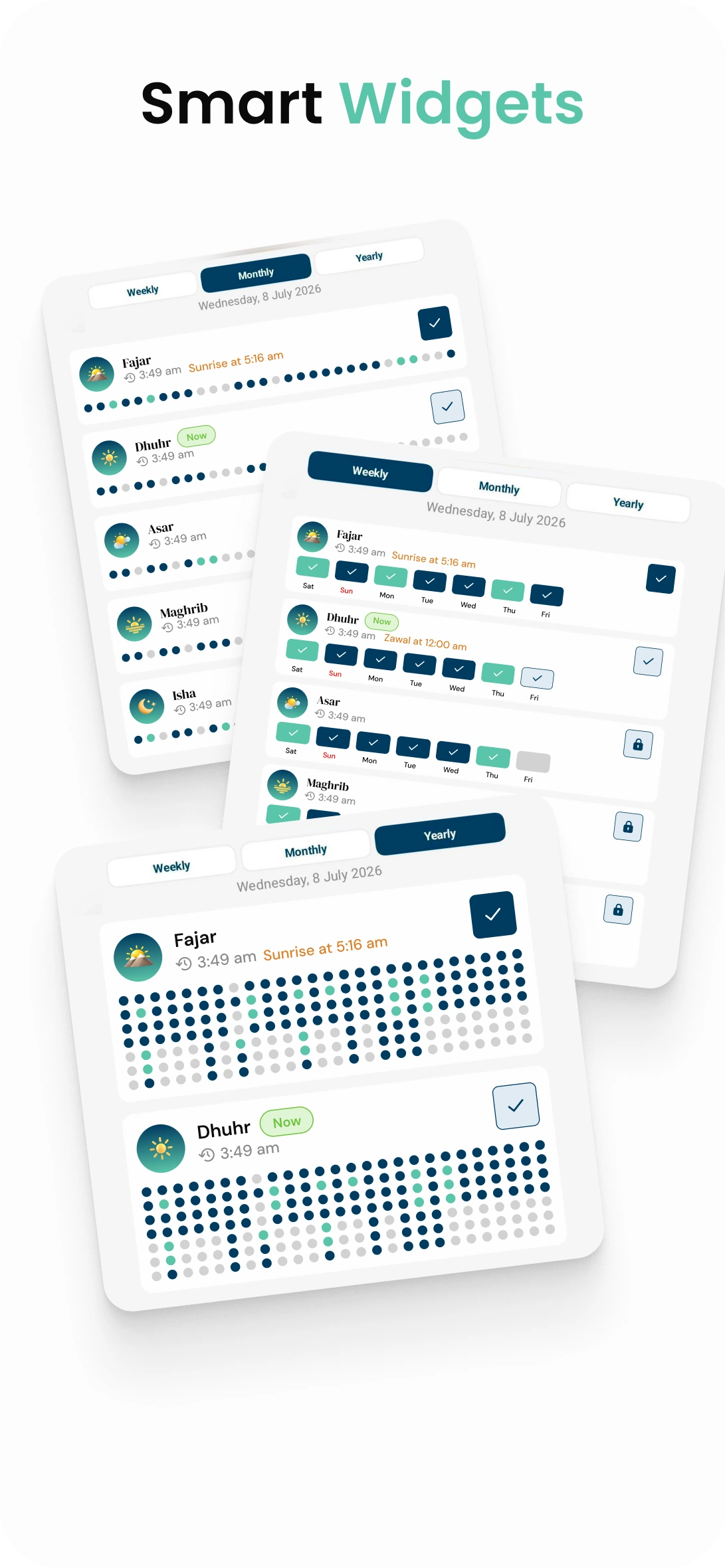 FiveSalah smart widgets for weekly, monthly, and yearly prayer tracking