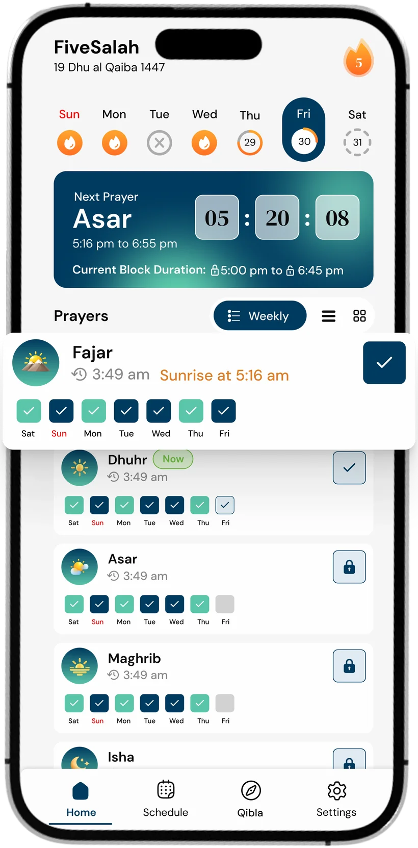FiveSalah home screen tracking the five daily prayers with the next prayer countdown